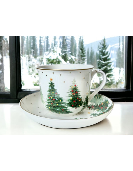 Świąteczne Choinki Filiżanka Porcelanowa ze Spodkiem