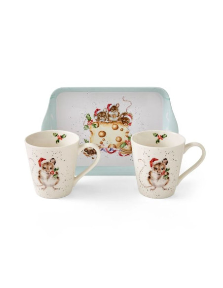 Świąteczne Myszki i Ser Kubki Porcelanowe & Tacka 3 szt.