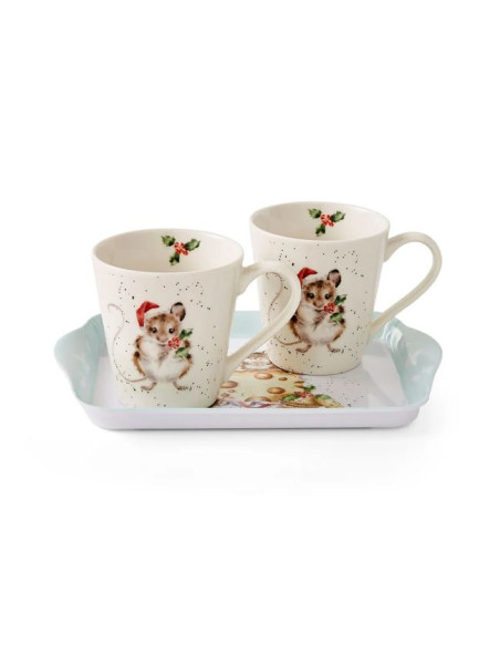 Świąteczne Myszki i Ser Kubki Porcelanowe & Tacka 3 szt.