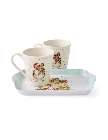 Świąteczne Myszki i Ser Kubki Porcelanowe & Tacka 3 szt.