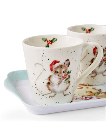 Świąteczne Myszki i Ser Kubki Porcelanowe & Tacka 3 szt.