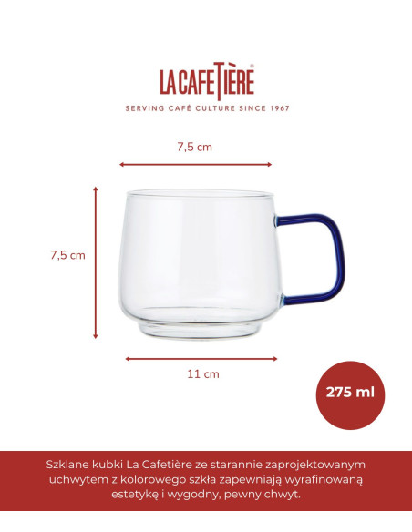 Zestaw 2 kubków szklanych La Cafetière z niebieskim uchwytem, 275 ml