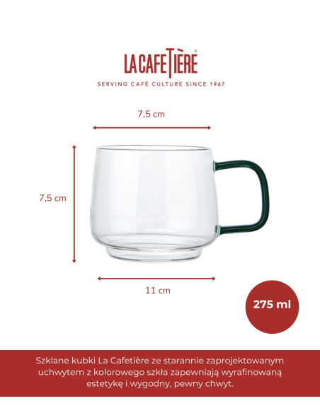 Zestaw 2 kubków szklanych La Cafetière z zielonym uchwytem, 275 ml
