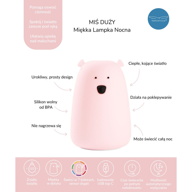 Miś Duży Lampka Silikonowa Różowa