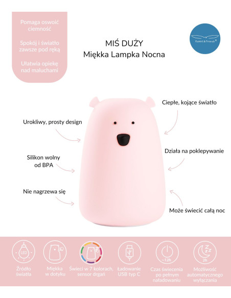 Miś Duży Lampka Silikonowa Różowa