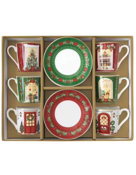 Świąteczna scanka Kpl. 6 filiżanek porcelanowych ze spodkami 100 ml w kolorowym pudełku