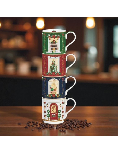 Świąteczna scanka Kpl. 4 porcelanowych kubków 275 ml w kolorowym pudełku