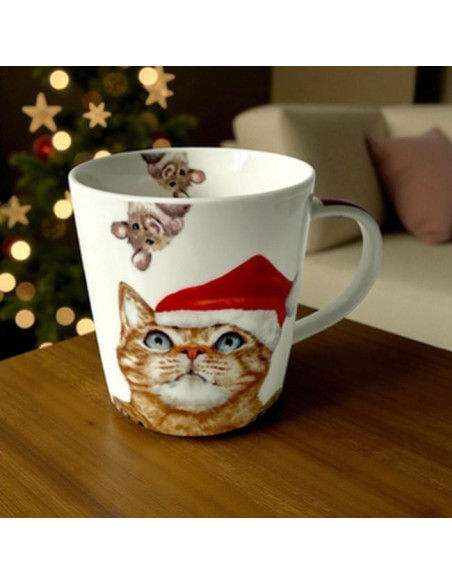 Kot w Czapce Świętego Mikołaja Kubek Porcelanowy w Ozdobnym Pudełku 400 ml