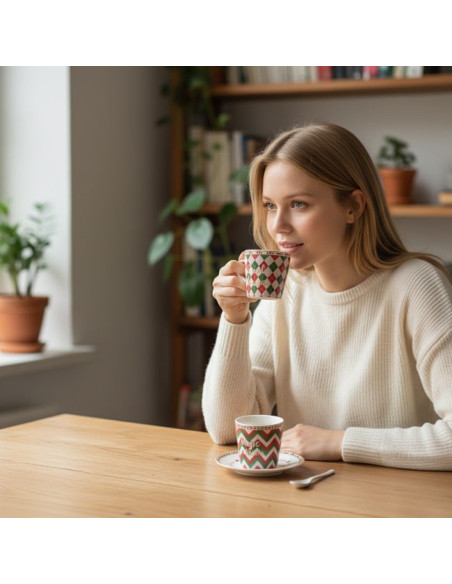 Świąteczny twist kpl. 2 filiżanek do ESPRESSO z sercowymi uchwytami i łyżeczkami