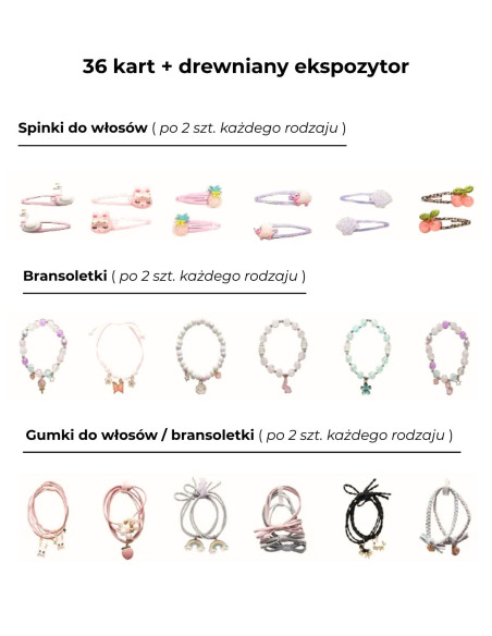 Zestaw z biżuterią 36 kart z drewnianym eskpozytorem