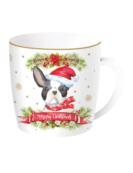Pies w Czapce Mikołaja Kubek Porcelanowy w Ozdobnym Pudełku 350 ml